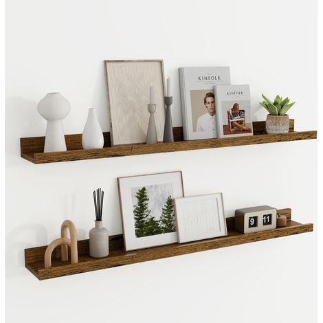 Étagère murale en bois de 90 cm, lot de 2 étagères porte-cadres pour photos et livres, étagère flottante en MDF, idéale pour cuisine, salon, chambre et bureau, marron vintage (1/5)
