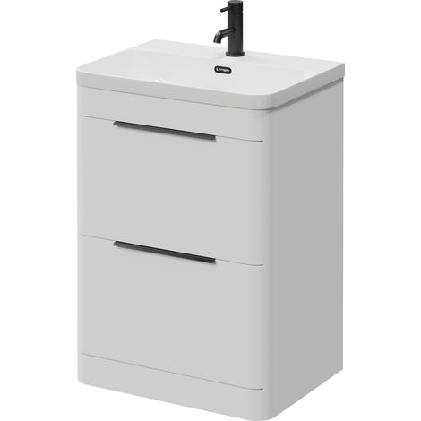 Oslo Gloss White 600mm 2 Drawer Vanity Unit with Fina Basin - 600mm - Matt Black 300mm Finger Pull