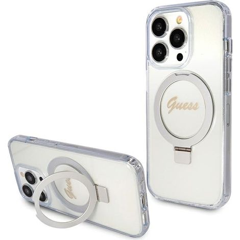 Funda rígida transparente Guess GUHMP15LHRSGSD para iPhone 15 Pro de 6.1 pulgadas con soporte de anillo, diseño brillante y MagSafe. (1/5)