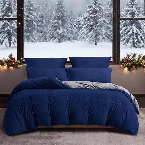 Winter Bettwäsche 200x200 cm Dunkelblau Grau, 3-teilig, warm & kuschelig
