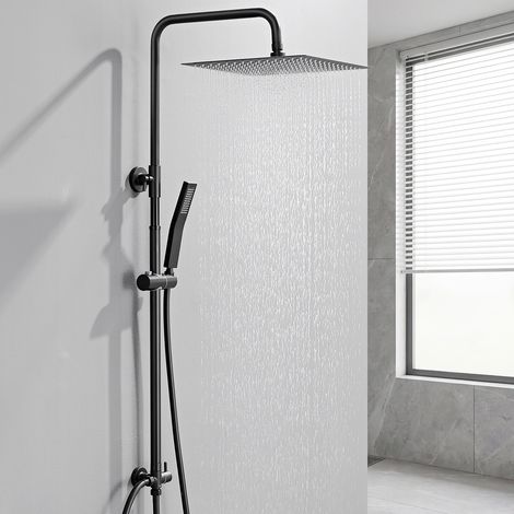 Auralum max Duschsäule ohne Mischbatterie aus Messing, Teleskopstange 68–108 cm mit quadratischem Duschkopf 10", Handbrause/Schlauch, schwarz (1/5)