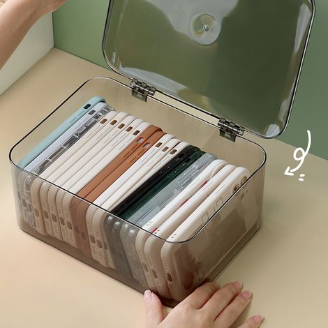 Transparente, staubdichte Aufbewahrungsbox mit Klappdeckel, geräumiger Schreibtisch-Organizer und Handy-Aufbewahrungsschrank, hellgrau. (1/5)