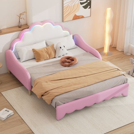 Cama infantil 140x200 cm, cama doble, sofá cama con iluminación LED, piel sintética, color rosa, sin colchón. (1/5)