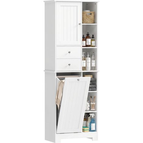 Badezimmerschrank Schmaler Badschrank mit 6 offenen Fächern und Wäschekorb, 2 Schubladen und Soft-Close-Tür, Weiß (1/5)
