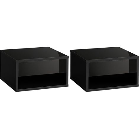 Set di 2 comodini a parete, con cassetto scorrevole e ripiano in legno. Dimensioni: 37 cm di lunghezza x 32 cm di larghezza x 21 cm di altezza. Colore: nero.