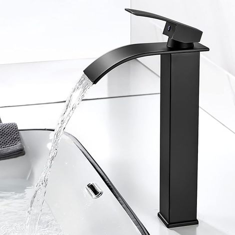 Grifo de baño tipo cascada kisimixer, grifo mezclador moderno negro para lavabo, grifo mezclador con caño de 232 mm de altura, grifo cuadrado de latón, agua fría y caliente disponible, G 3/8 (1/5)