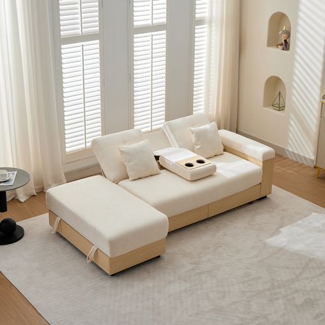 Canapé-lit 217 cm avec rangements, dossier 3 positions, chenille beige, MDF, REDOM (1/5)
