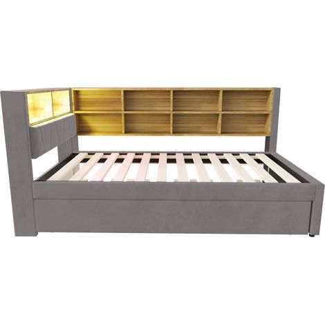 Letto multifunzione con letto estraibile 90 x 200 cm, LED, prese e vani contenitori, grigio scuro (1/5)