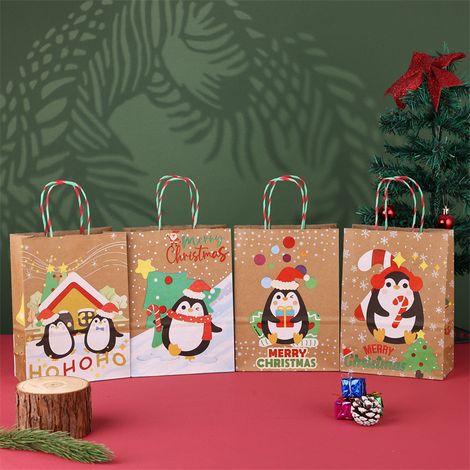 Sac cadeau de Noël kraft 4 pièces MC2610 16x22x8 cm avec poignées torsadées rouges, vertes et blanches