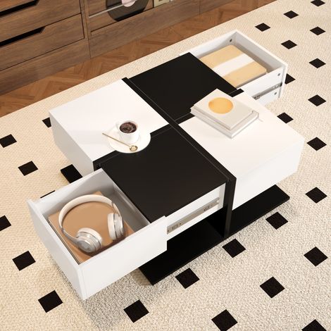 Table basse moderne noire et blanche, 70×70×35,5 cm, avec 2 tiroirs, table de salon carrée avec rangement, table basse laquée brillante avec glissières de tiroir lisses (1/5)