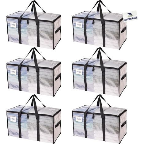 Lot de 6 Sacs de Déménagement Extra-Larges Robustes – Poignées et Fermeture Éclair Solides, Alternative aux Boîtes, Économiseur d'Espace avec Étiquette, Transparent