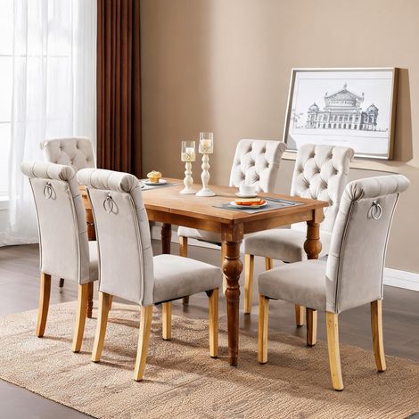 Chaises de salle à manger en velours beige piètement chêne (1/5)