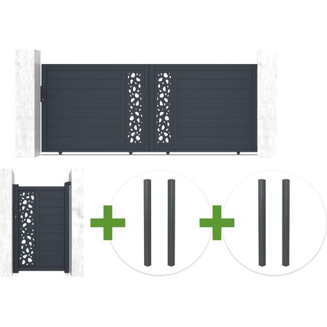 Puerta corredera SUNNY de 3,5 m, 140 cm de alto, aluminio gris + puerta peatonal SUNNY de 1 m, 140 cm de alto, aluminio gris + 4 postes (1/5)