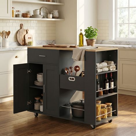 Îlot de cuisine bois, desserte de cuisine 102x46x92 cm, meuble de rangement multifonction, tiroir et portes, style scandinave moderne, Noir
