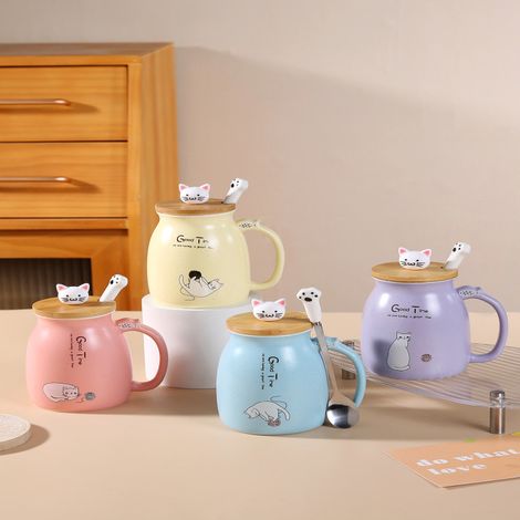 Taza de agua de cerámica con tapa y diseño de garra de gato en forma de cuchara, estampado de pareja de gatos, 301-400 ml. (1/5)