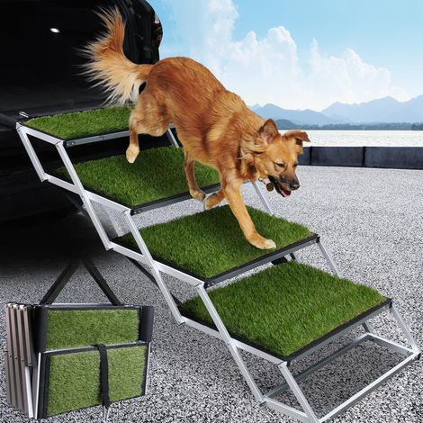 Marchepieds pliables pour chiens de grande taille, surface en gazon artificiel antidérapante, rampe télescopique portable pour voitures, camions (4 marches, vert, extra large) (1/5)