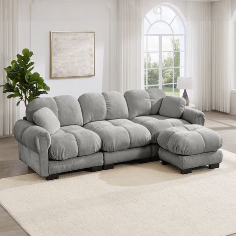 Canapé d'angle 3 places avec repose-pieds amovible et deux petits coussins 260 x 149 x 90 cm Canapé rembourré Cloud en Chenille Gris clair (1/5)