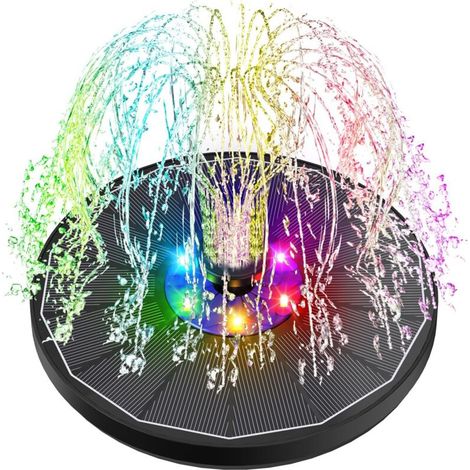 Fontaine Solaire LED Colorées, 3.5W Extérieur Flottante Pompe Bassin Solaire, 2200mAh Batterie, 2025 Fontaine Solaire Verre avec 7 Buses & 4 Tiges Fixes pour Bain d'oiseaux Aquarium Jardin