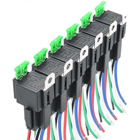 Lot de 6 relais électriques automobiles SPST 5 broches 12 V 30 A avec fusible et faisceau de câblage pour voiture. (1/5)