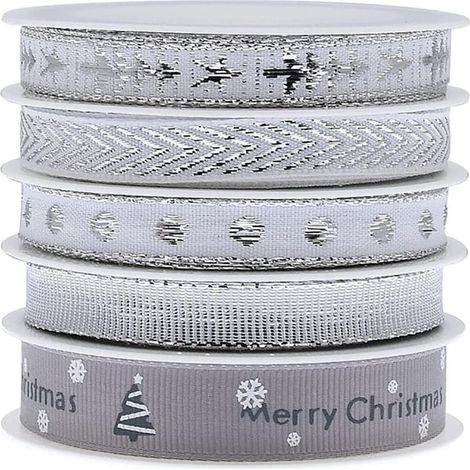 Ruban Jacquard Brodé Décoration Sapin de Nol (Argent) 5 Rouleaux (1/5)
