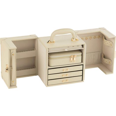 Coffret bijoux beige en bois avec anse cuir élégant - Beige cuir clair élégant (1/2)