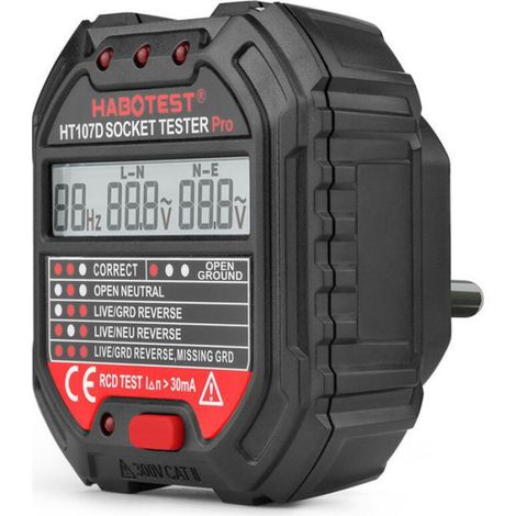 Testeur De Prise - HT107D - Vérification Polarité Câblage Et Mise À La Terre - 6 Indicateurs LED - 90–250 V - Compact 68 X 65 X 60 Mm - 1 Pièce (1/4)