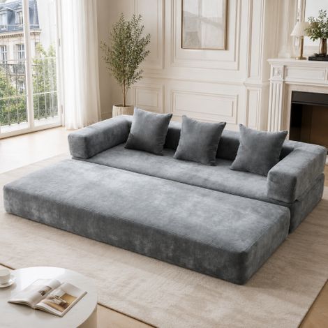 Canapé lit convertible,canapé 2 places,canapé lit modulable,avec doté de poches rangement latérales et d'une baseantidérapante,avec trois coussins,Aucun assemblage requis,Tissu Chenille,Gris foncé (1/5)