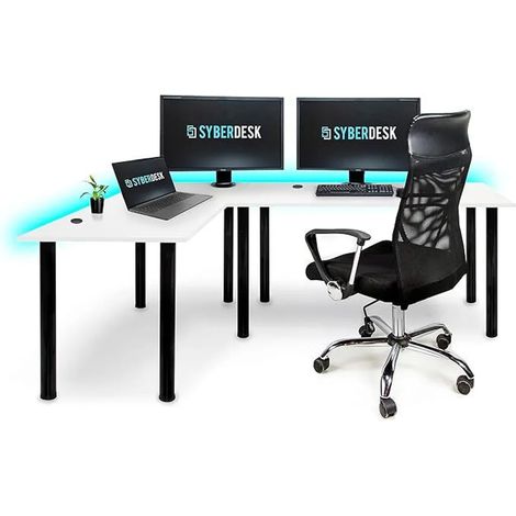 SyberDesk Bureau d'angle Gaming Pro LED - 197 x 132 cm - avec LED - Grand Bureau d'ordinateur. (Gauche, Blanc) (1/4)