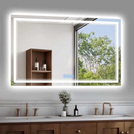 Miroir LED Salle de Bain avec Éclairage 100x60cm, Miroir LED avec Anti-buée, 3 Couleurs et Dimmable, IP56, HD Verre Trempé Miroir Mural, Horizontal/Vertical (1/5)