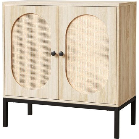 Buffet 2 portes cannage rotin naturel, meuble de rangement, commode, 80x40x82cm, bois clair (1/5)