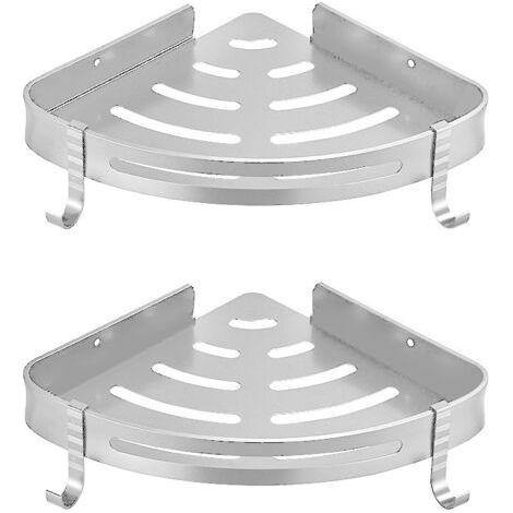Pair Eckduschablage, kein Bohren erforderlich, Metall mit 2 Duschhaken, rostfrei, selbstklebend + Ton für Badezimmerutensilien, 2 Stück (Silber)