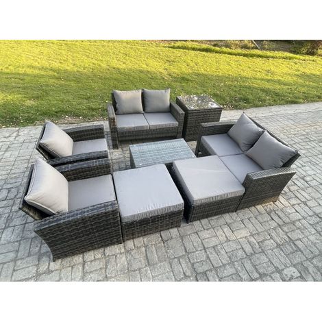 Fimous Garden Furniture Sets 8 Pieces Outdoor Rattan Furniture Manual Wicker Patio Sofa Chair Set with Coffee Table 2 Big Footstool Side Table Dark Grey Mixed (1/5)