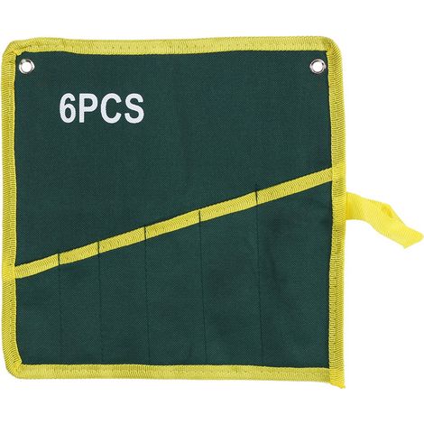Trousse à outils roulante en toile résistante vert 6 poches, rangement pratique pour clés à molette, format compact, étui pliable durable pour bricolage. (1/3)
