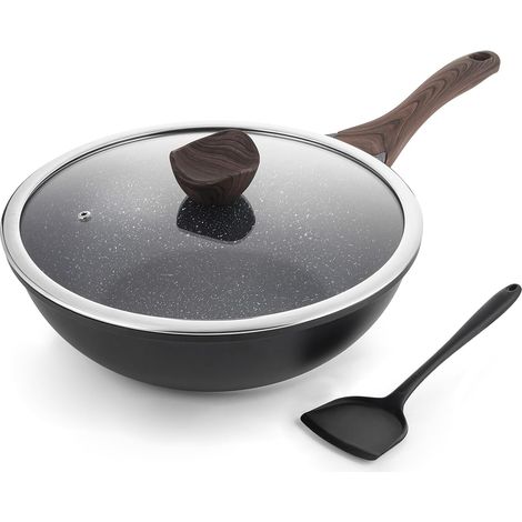 Wok 30 cm, Wok Induction avec Couvercle, Anti-adhésif Revêtement Pierre, Compatible avec tous les poêles, Sans PFOA