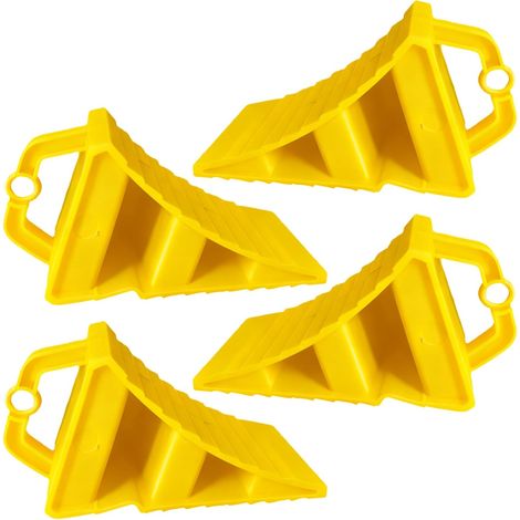 Lot de 4 cales de roue jaunes pour remorque : Cales de roue en plastique PE avec poignée, cales de roue résistantes pour camping-car, cales en plastique antidérapantes, pour voiture, caravane, moto (1/5)