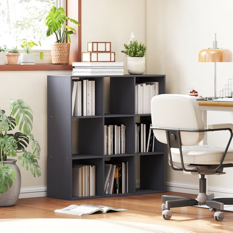 Bibliothèque gris étagère de rangement à 3 niveaux avec 9 compartiments pour salon bureau chambre 91x29.5x91cm aménagement intérieur