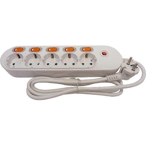Spécifications : rallonge 10/16 A 250 V avec protection contre les surcharges, multiprise de 4,8 mm avec double disjoncteur, prise secteur 2 broches, 5 trous, 1,5 m. (1/4)