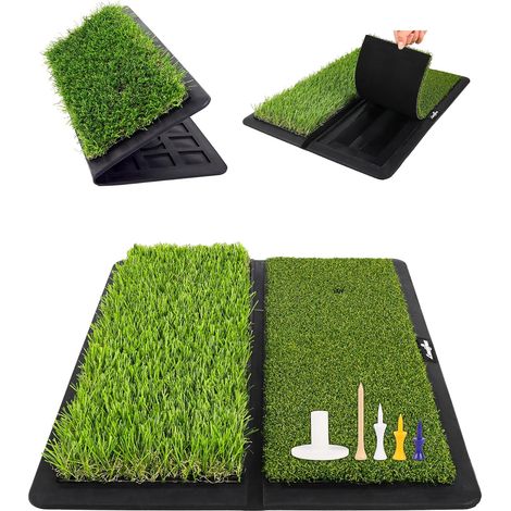 Tapis de golf, pliable et remplaçable avec parcours et gazon synthétique rugueux, tapis d'entraînement de golf avec 5 tees pour intérieur et extérieur (1/5)