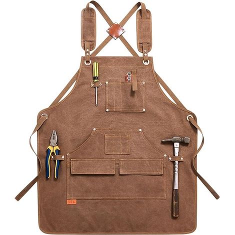 Tablier de travail en toile avec grandes poches, dos croisé, bretelles réglables, tablier robuste pour outils de menuiserie, convient aux menuisiers hommes et femmes, marron (1/5)