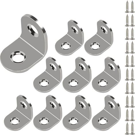Lot de 10 équerres d'angle droites en acier inoxydable, 20 mm x 20 mm, en forme de L, avec vis, pour fixation de meubles en bois