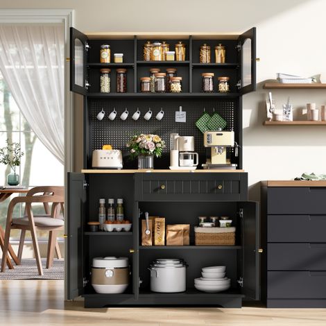 Vitrine avec portes, meuble de cuisine, armoire haute, étagères réglables, panneau métallique perforé, noir, 103,5 × 40 × 180 cm. (1/5)