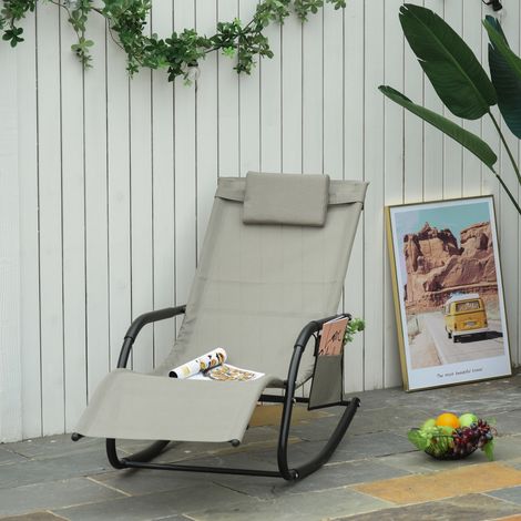 Fauteuil à bascule, balancelle, chaise de jardin, chaise longue à bascule, maille métallique, noir et gris clair, 150 x 62 x 88 cm (1/5)