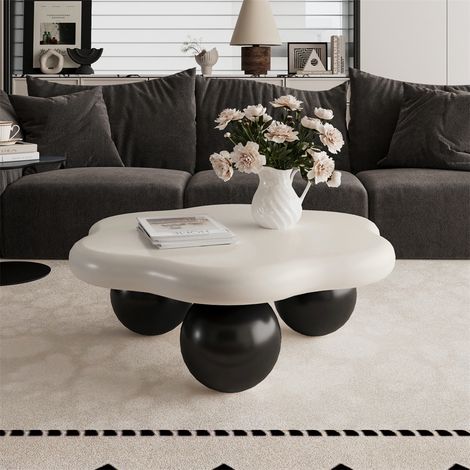 Table Basse Nuage Design Moderne - 79x79x31 cm - Table de Salon Bicolore Minimaliste à Pieds Sphériques - Blanc et Noir (1/5)