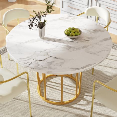 Table ronde (80 x 80 x 76 cm), légère et élégante, idéale pour 4 à 6 personnes, parfaite pour la salle à manger ou le salon. Plateau en MDF effet marbre, pieds dorés. (1/5)