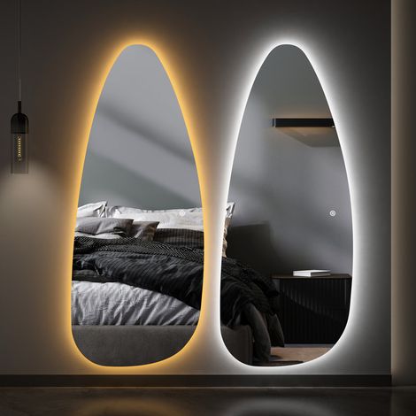 WDWRITTI Asymmetrischer Standspiegel 145x60 cm Ganzkörperspiegel mit Beleuchtung Asymetrischer Spiegel mit Beleuchtung für Ankleidezimmer, Schlafzimmer, Wohnzimmer, Friseursalon