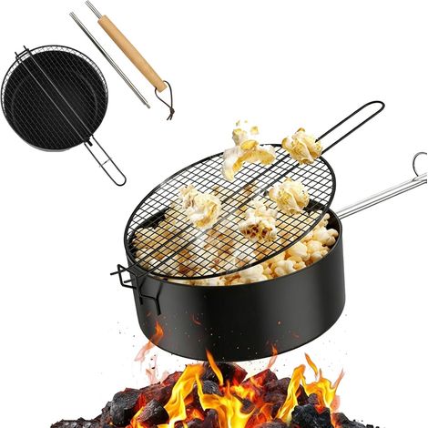 Pot à pop-corn antiadhésif avec poignée allongée et couvercle en maille, poêle à pop-corn d'extérieur pour feu de camp, poêle à pop-corn portable pour brasero, barbecue, camping, fête de jardin (1/5)