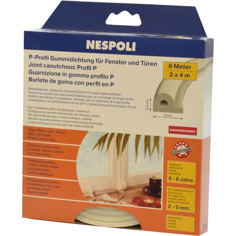 Nespoli Fenster- und Türdichtung mit P-Profil je 4 m, 9 x 5,5 mm, weiß, 2 Stück Türdichtungen & Fensterdichtungen