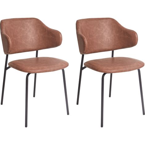 Conjunto de 2 sillas de comedor modernas asiento tapizado en piel sintética respaldo curvado sin reposabrazos patas negras marrón Kenai (1/5)