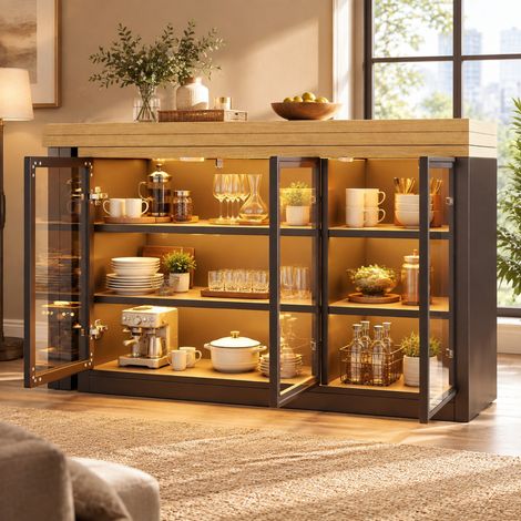 Ausziehbarer Esstisch 120-197 cm mit schwenkbarem Sideboard, MDF und Glas, Schwarz (1/5)
