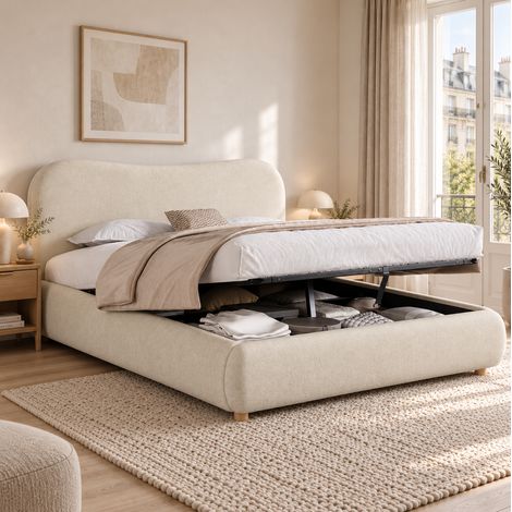 MODFU – Cama con arcón 160x200 cm de chenilla con arcón hidráulico, cabecero acolchado, somier de láminas y carga 220 kg – Beige (1/5)